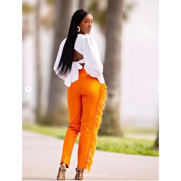 Hanifa Ava Ostrich Feather Pants Fitted Statement Blogger Fave Orange Small - Picture 6 of 16